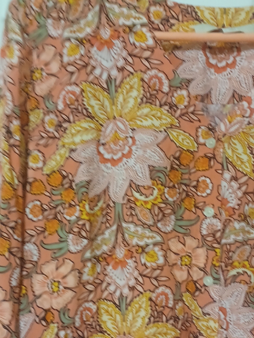 LOFT Sz M, (Runs Big) Salmon & Green, Floral Button-Front Long Ruffle Sleeve Top - Picture 3 of 10